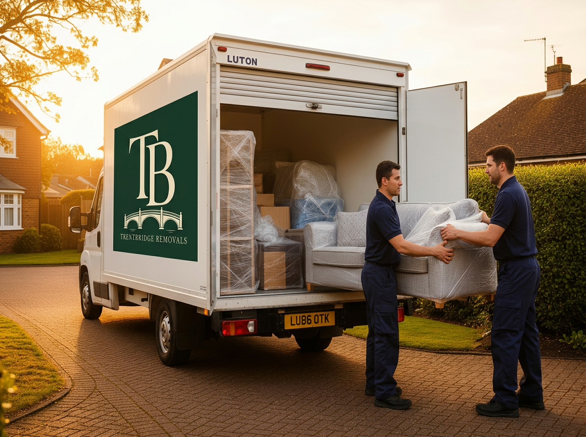 TrentBridge removals crew loading wrapped furniture into a Luton van